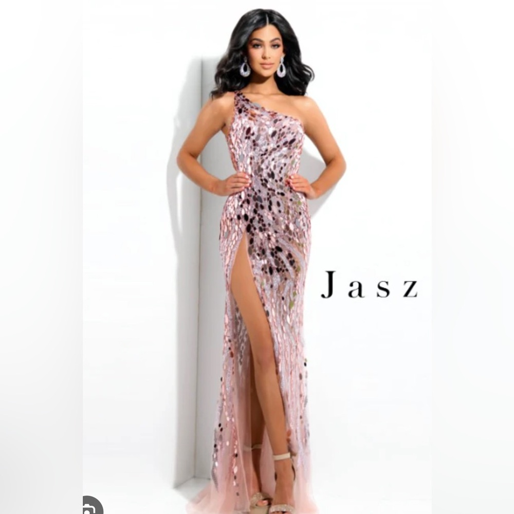 Jasz Couture Pink Sequin One-Shoulder Gown